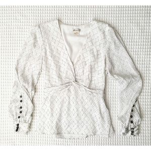 SHOSHANNA viscose burn out white twist front ruched longsleeve blouse S